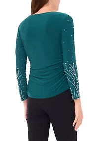 Women's Side Ruched Top with Beaded Sleeves
