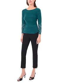 Women's Side Ruched Top with Beaded Sleeves
