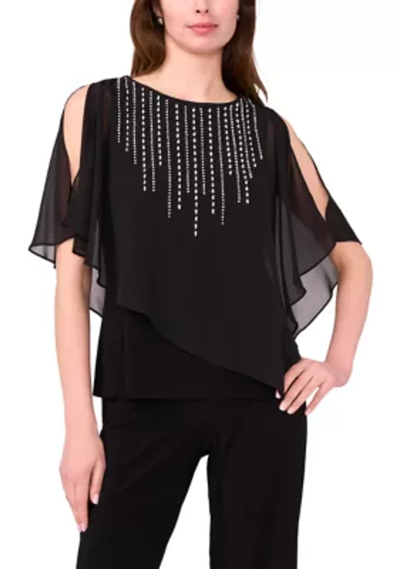 Women's Knit Woven Beaded Overlay Top