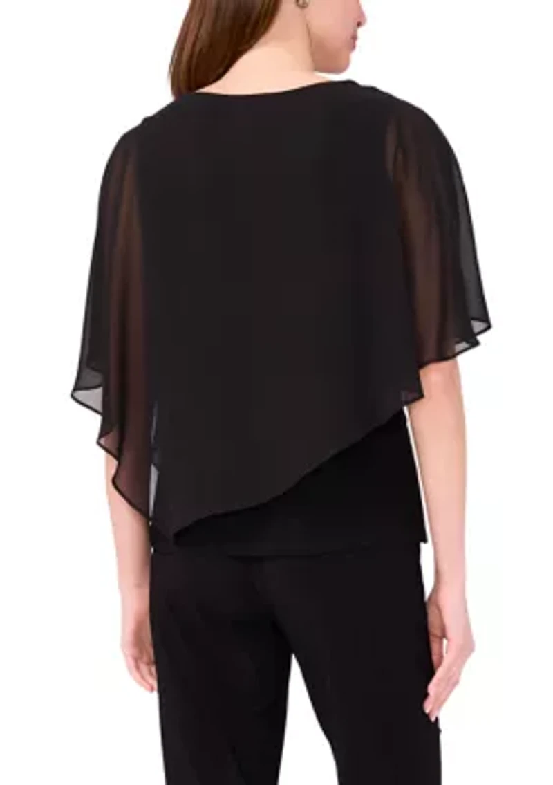 Women's Knit Woven Beaded Overlay Top