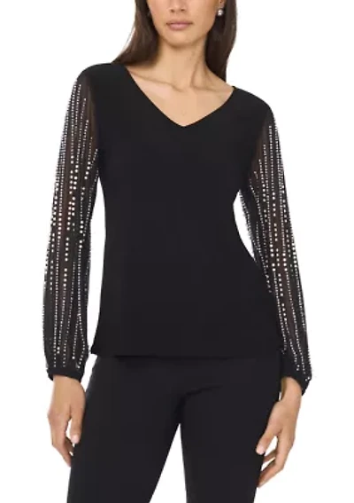 Women's Long Rhinestone Puff Sleeve Top