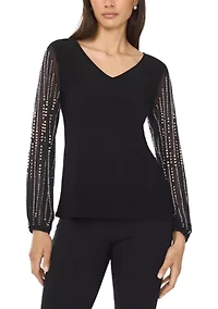 Women's Long Rhinestone Puff Sleeve Top