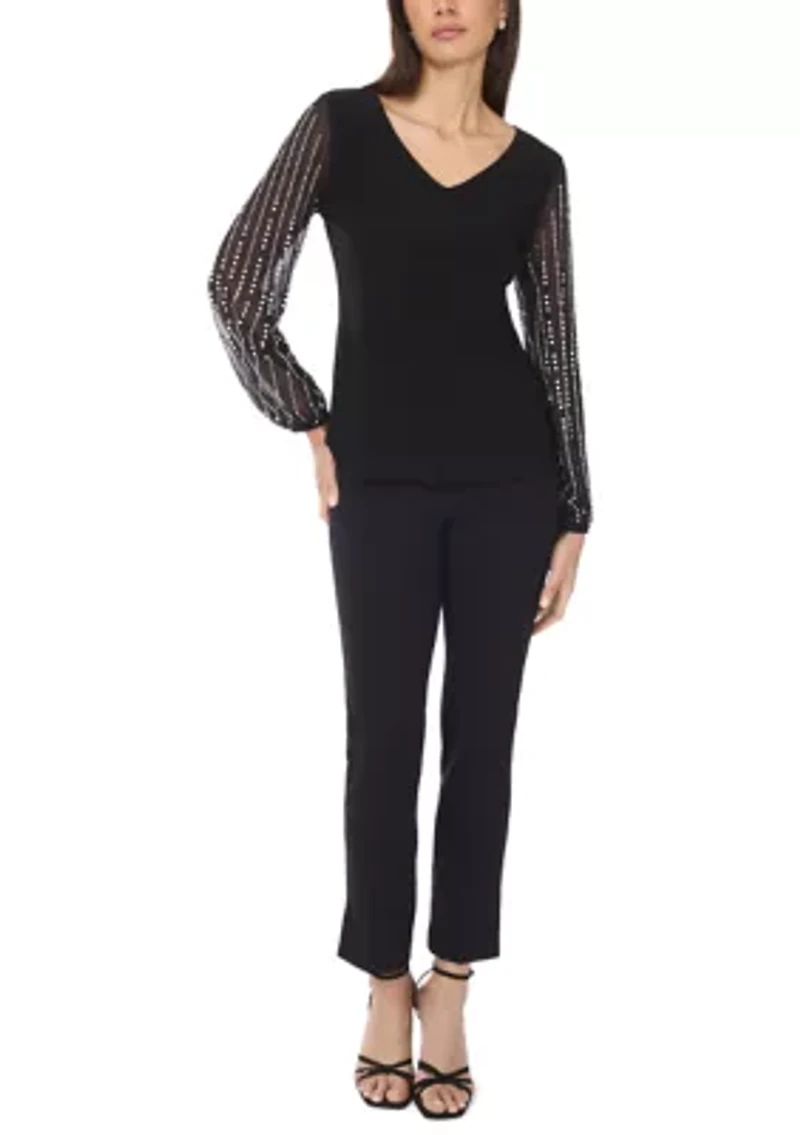 Women's Long Rhinestone Puff Sleeve Top