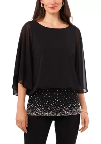 Women's Three-Quarter Sleeve Boat Neck Pearl Chiffon Top