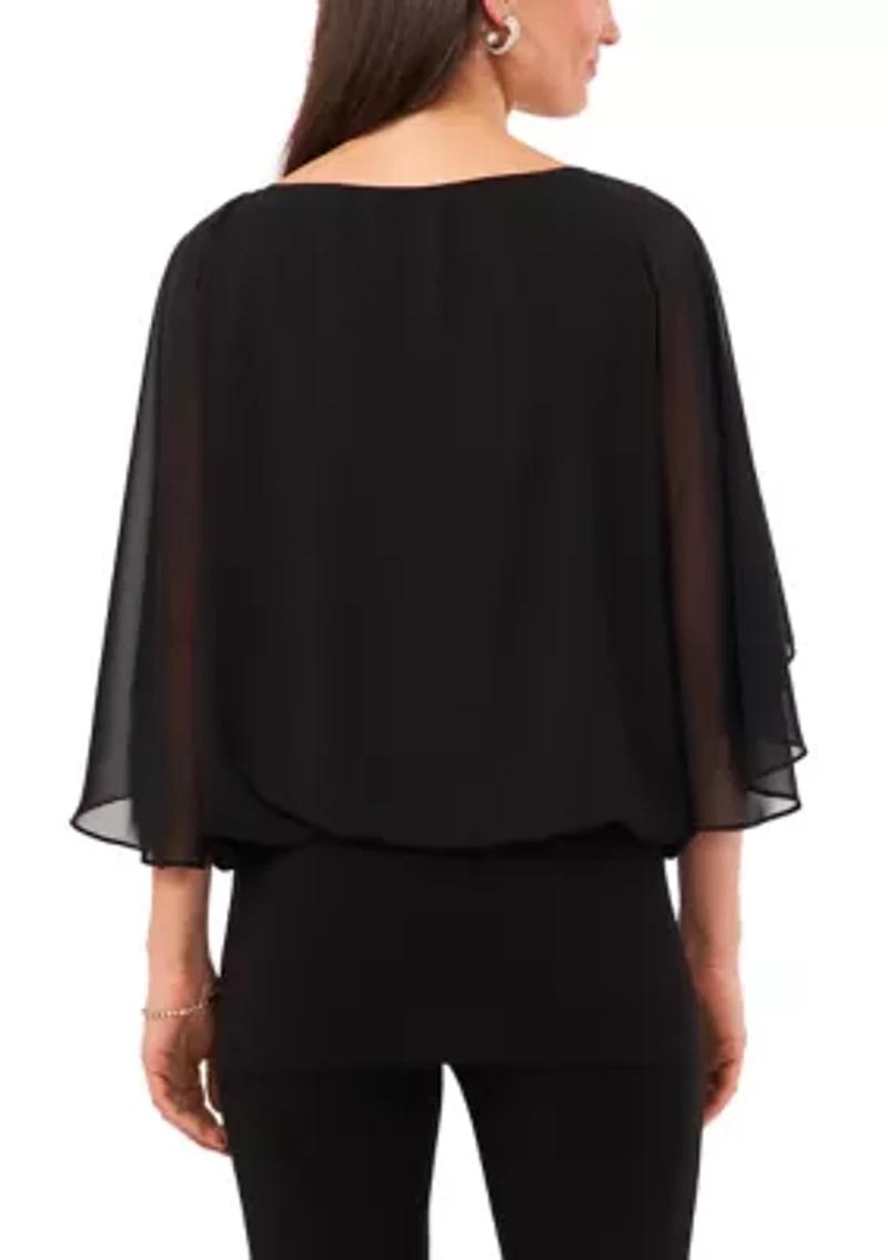 Women's Three-Quarter Sleeve Boat Neck Pearl Chiffon Top