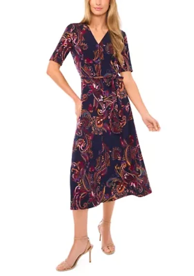 Women's Short Sleeve Tie Midi Dress