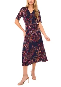 Women's Short Sleeve Tie Midi Dress