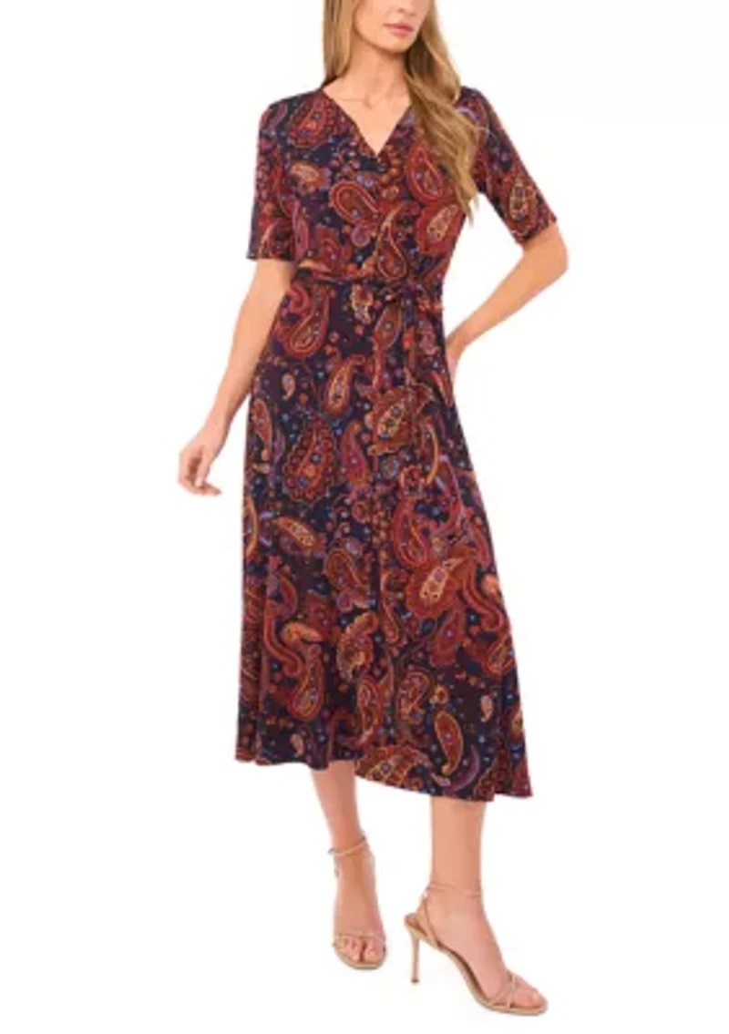 Women's Short Sleeve Tie Midi Dress