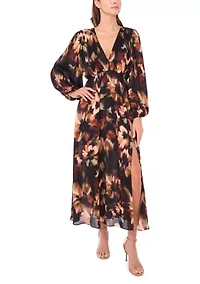 Women's Long Sleeve V-Neck Floral Print Chiffon Filia Dress