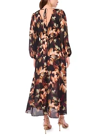 Women's Long Sleeve V-Neck Floral Print Chiffon Filia Dress