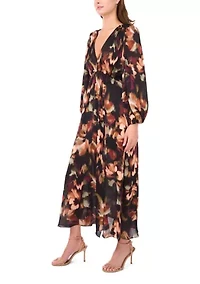 Women's Long Sleeve V-Neck Floral Print Chiffon Filia Dress