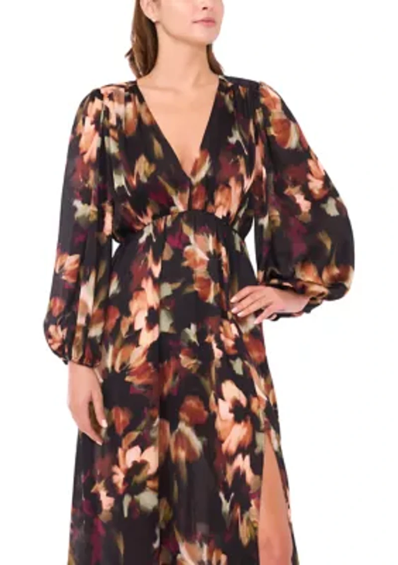 Women's Long Sleeve V-Neck Floral Print Chiffon Filia Dress