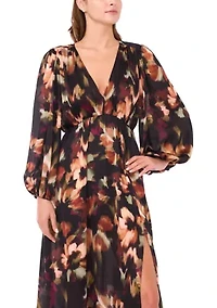 Women's Long Sleeve V-Neck Floral Print Chiffon Filia Dress