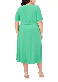 Plus Short Sleeve 3 Ring Solid Tie Front Midi Dress