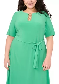 Plus Short Sleeve 3 Ring Solid Tie Front Midi Dress
