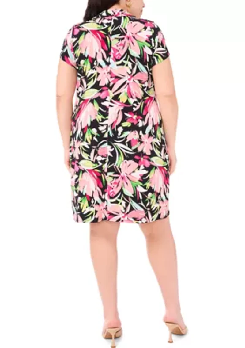 Plus Short Sleeve Collar Floral Print Dress