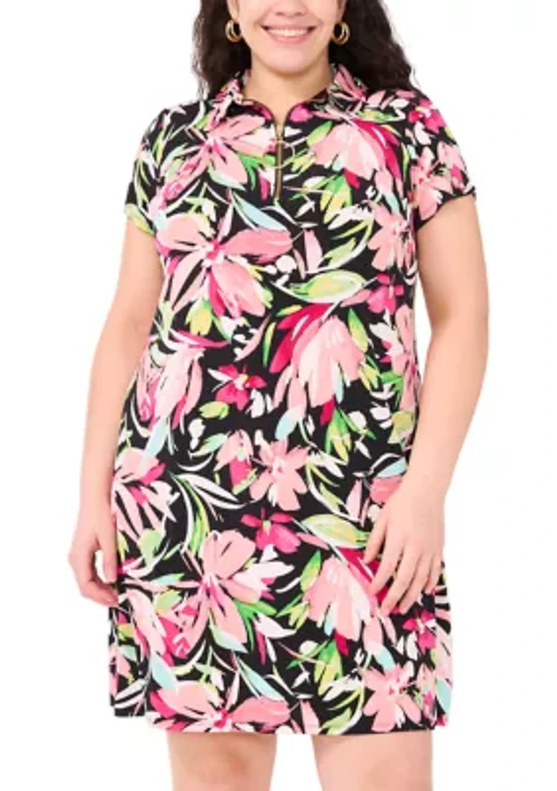 Plus Short Sleeve Collar Floral Print Dress