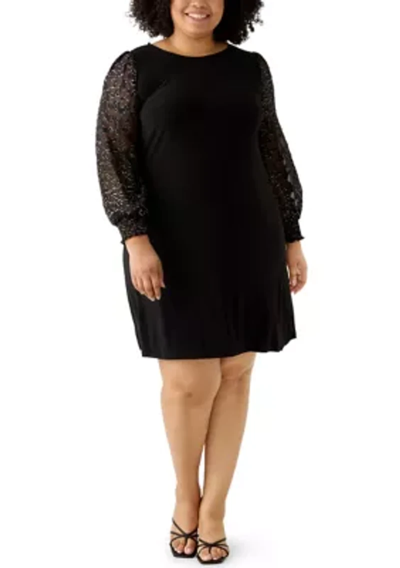 Plus Long Sleeve Crew Neck Solid A-Line Dress