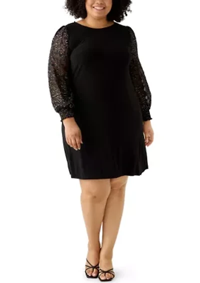 Plus Long Sleeve Crew Neck Solid A-Line Dress
