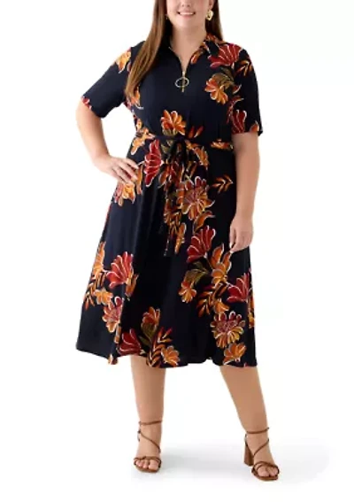 Plus Short Sleeve Zip Collar Floral Print Fit and Flare Dress