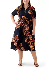 Plus Short Sleeve Zip Collar Floral Print Fit and Flare Dress