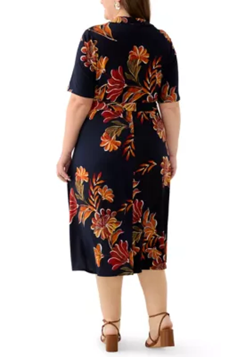 Plus Short Sleeve Zip Collar Floral Print Fit and Flare Dress