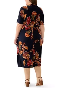 Plus Short Sleeve Zip Collar Floral Print Fit and Flare Dress