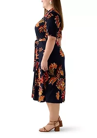 Plus Short Sleeve Zip Collar Floral Print Fit and Flare Dress