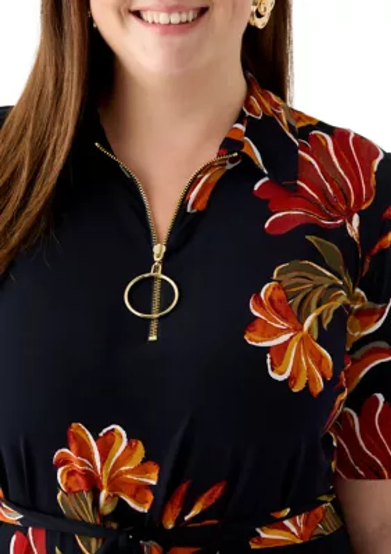 Plus Short Sleeve Zip Collar Floral Print Fit and Flare Dress