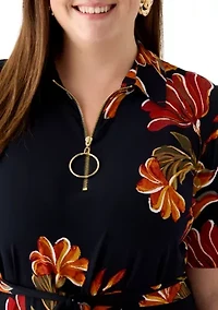 Plus Short Sleeve Zip Collar Floral Print Fit and Flare Dress