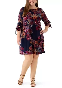 Plus 3-Quarter Sleeve Boat Neck Paisley Print A-Line Dress