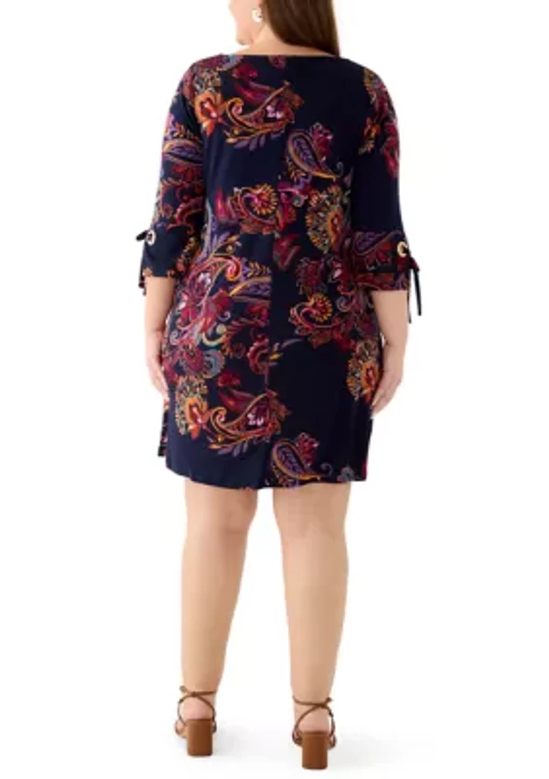 Plus 3-Quarter Sleeve Boat Neck Paisley Print A-Line Dress