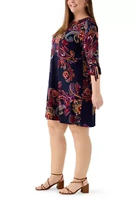 Plus 3-Quarter Sleeve Boat Neck Paisley Print A-Line Dress