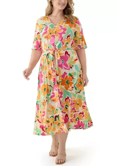 Plus Elbow Sleeve V-Neck Floral A-Line Dress