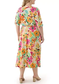 Plus Elbow Sleeve V-Neck Floral A-Line Dress