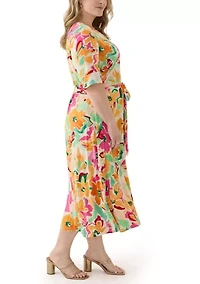 Plus Elbow Sleeve V-Neck Floral A-Line Dress