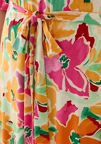 Plus Elbow Sleeve V-Neck Floral A-Line Dress