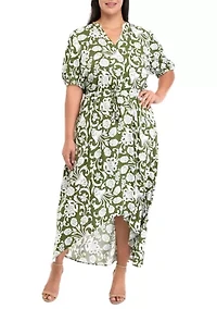 Plus Puff Sleeve V-Neck Printed Fit and Flare Dress