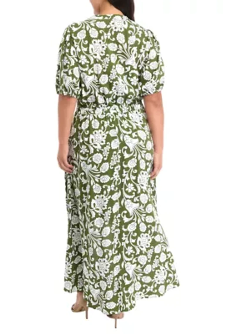 Plus Puff Sleeve V-Neck Printed Fit and Flare Dress