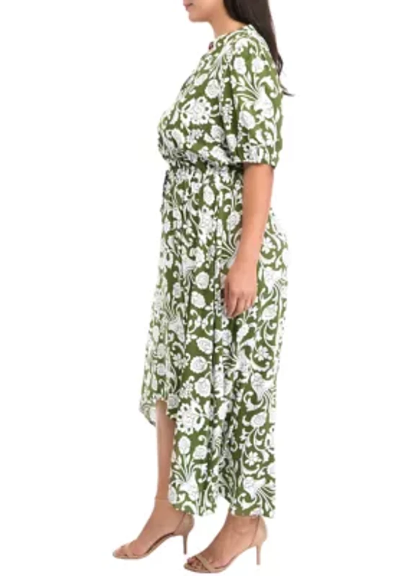 Plus Puff Sleeve V-Neck Printed Fit and Flare Dress