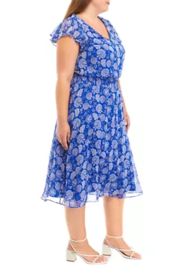 Plus Short Sleeve V-Neck Dot Paisley Chiffon Midi Fit and Flare Dress
