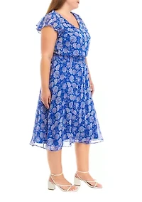 Plus Short Sleeve V-Neck Dot Paisley Chiffon Midi Fit and Flare Dress