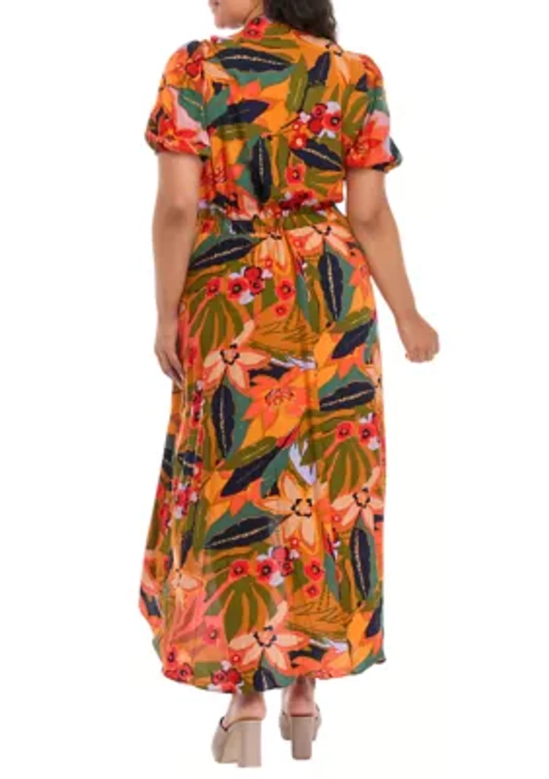 Plus Puff Sleeve Printed V-Neck Maxi Dress
