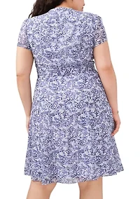 Plus V-Neck Printed Chiffon Fit and Flare Dress