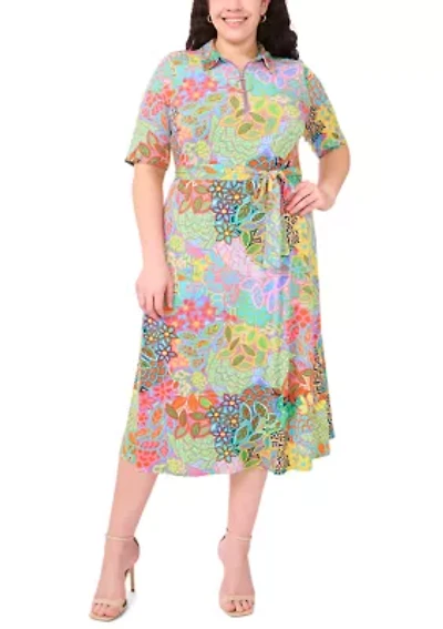 Plus Short Sleeve Collar Tie Waist Peacock Dress