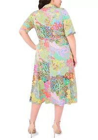 Plus Short Sleeve Collar Tie Waist Peacock Dress