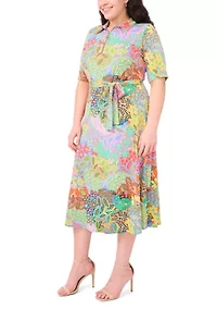 Plus Short Sleeve Collar Tie Waist Peacock Dress