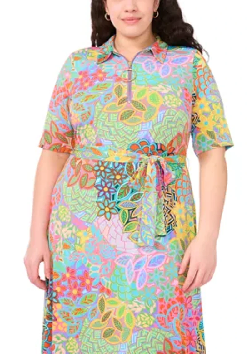 Plus Short Sleeve Collar Tie Waist Peacock Dress