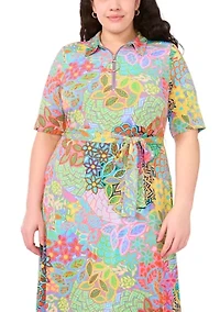 Plus Short Sleeve Collar Tie Waist Peacock Dress