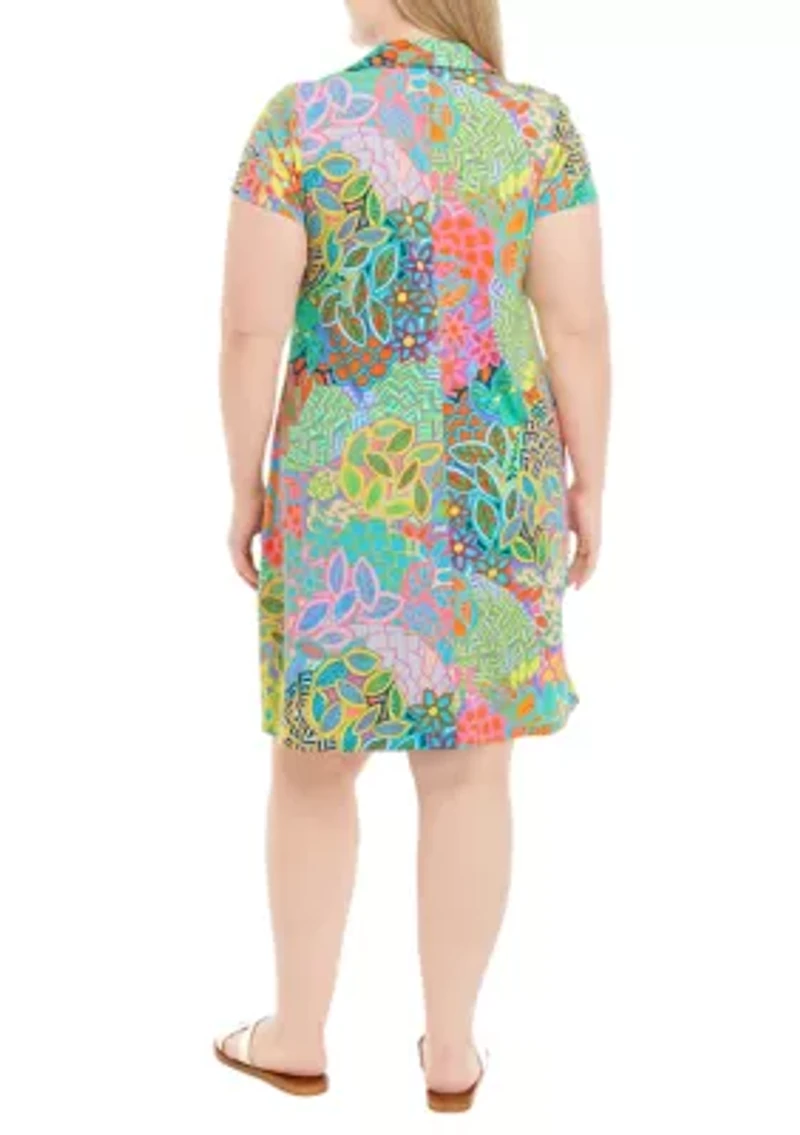 Plus Short Sleeve Collar A-Line Dress